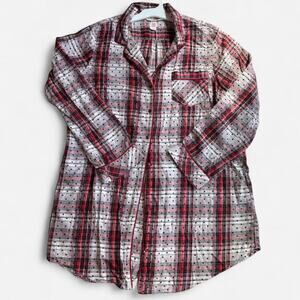 Victoria's Secret Women's Sleep Shirt L Red White Plaid Polka Dot Casual Cozy